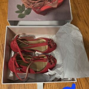 Joyfolie Red Kids Heels with Floral Accent